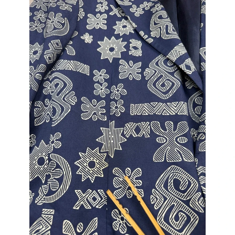 VTG Tori Richard Honolulu Indigo Blue Tribal Print Cotton Blazer Jacket N/S HK